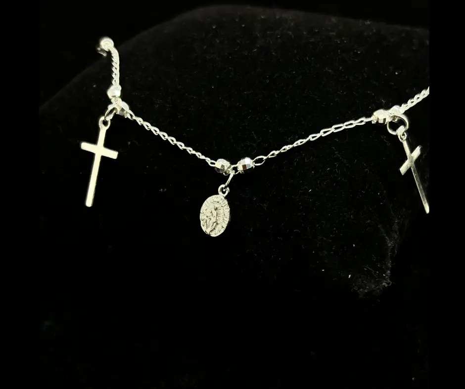 [PUL-0198] Pulsera_Colgantes religiosos (Cruz & Virgen Milagrosa) 18 cm