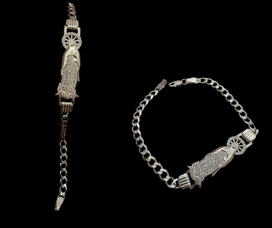 [PUL-1232] Pulso tejido barbado liso con placa Virgen de Guadalupe con circonia incrustada