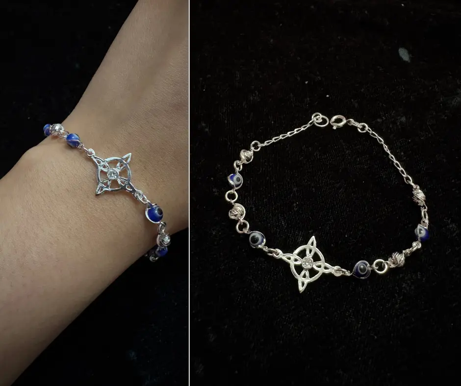 Pulsera  ojo turco azul, bola azucarada y nudo de bruja