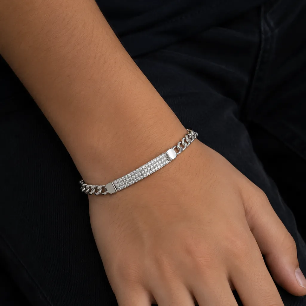 [PUL-1229] Pulso cubano liso con placa con circonia incrustada