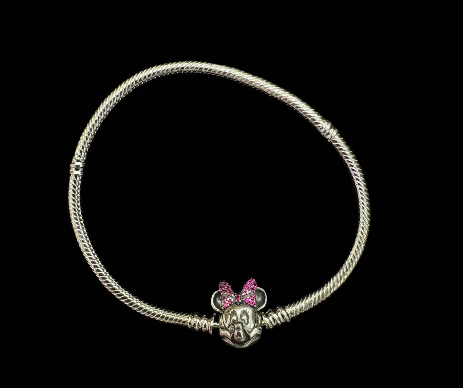 Pandora_ Pulsera cadena de serpiente broche Minnie moño rosa 17 cm