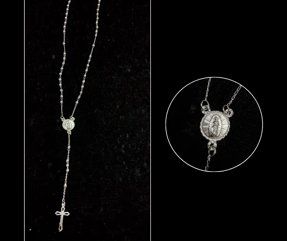 [ROS-1263] Rosario bola #3 diamantada Virgen de Guadalupe cruz perforación bordes