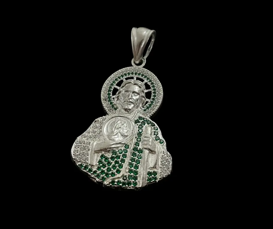 [DIJ-878] Dije circonia incrustada_San Judas Tadeo manto verde medio cuerpo_ 6.5 cm