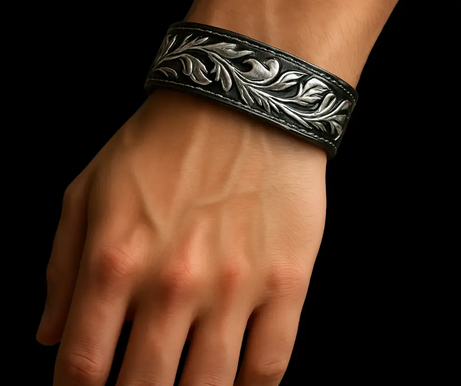 [BRA-327] Brazalete de piel_ Tejido hojas de plata