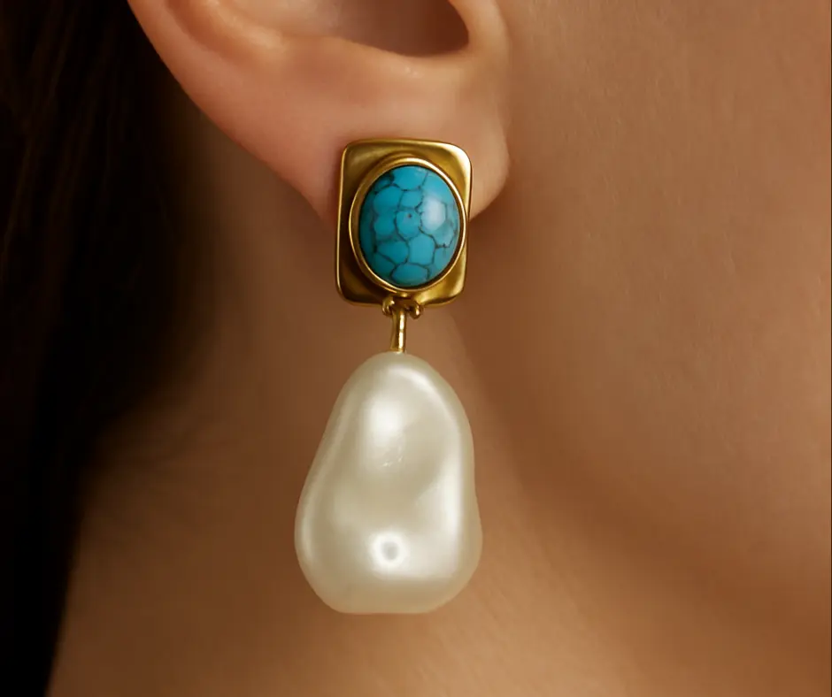 [ARE-229] Aretes cuadrado turquesa con perla colgante