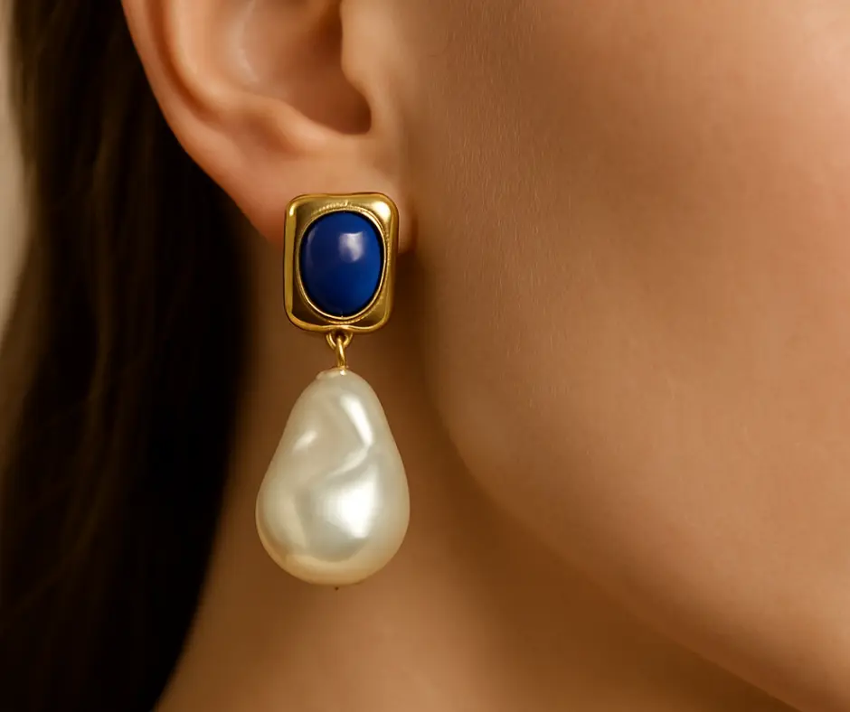 [ARE-226] Aretes cuadrado marino con perla colgante