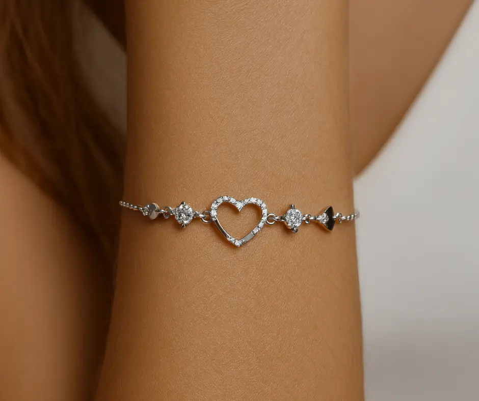 Pulsera circonia incrustada, corazón en radiación (ajustable)