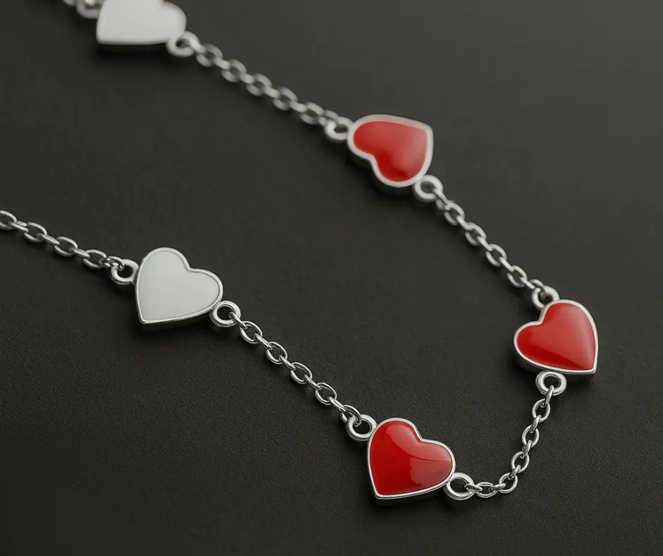 Pulsera circonia incrustada, corazones rojo & blanco, doble vista (ajustable)