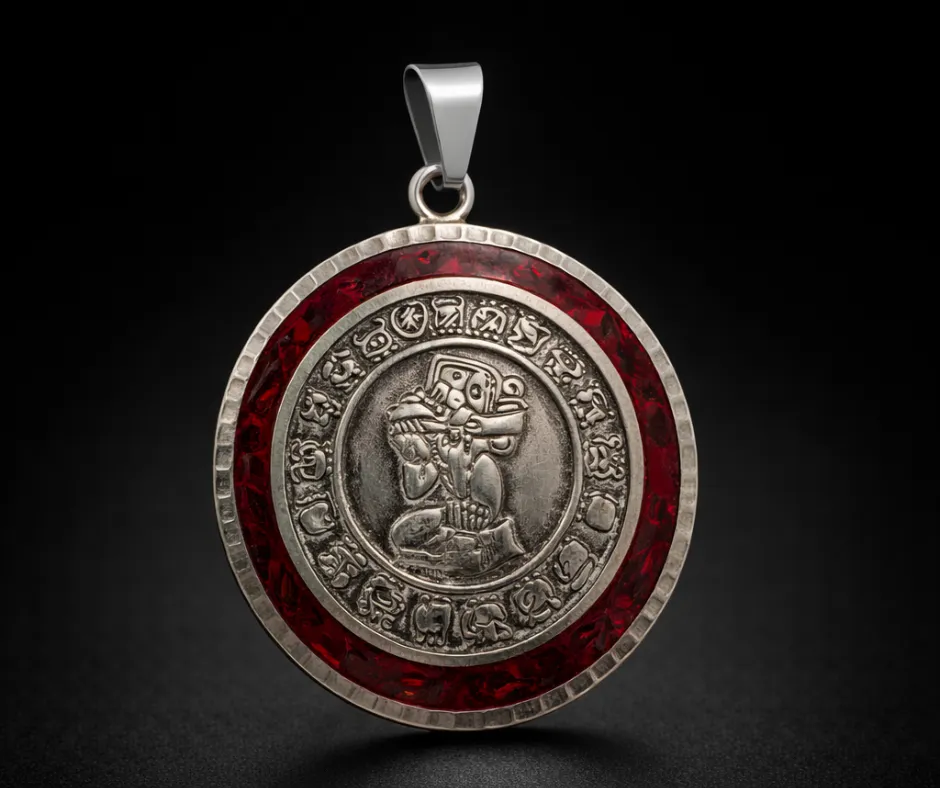 [CAL-523] Calendario Azteca_Tonatiuh  (Piedra del Sol) Rojo Tierra doble vista Blanco Calendario Azteca (Diámetro 3.5 cm)