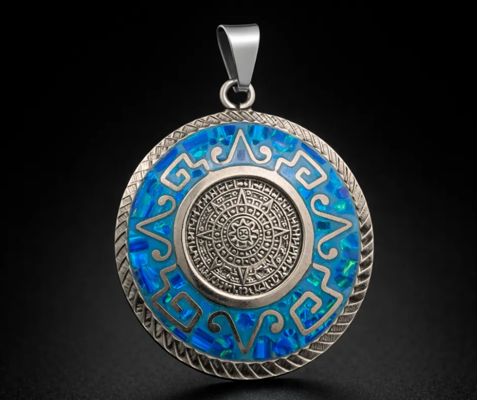 [CAL-524] Calendario Azteca_Ópalo Centro Azul aqua (Diámetro 4 cm)