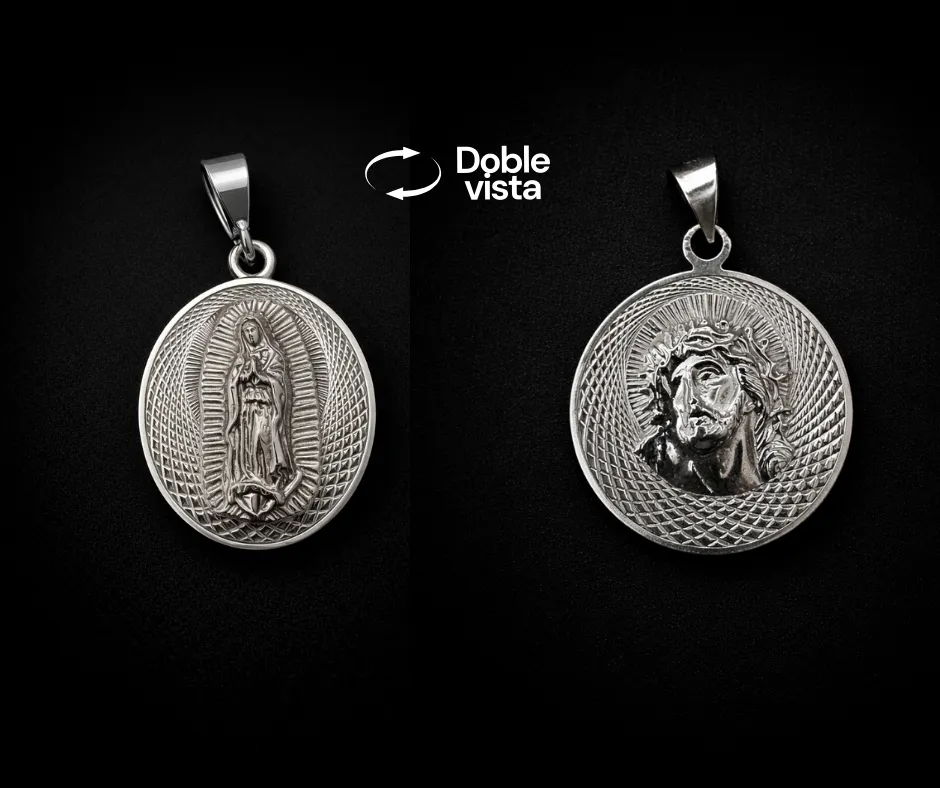 [MED-1035] Medalla Virgen de Guadalupe & Rostro de Jesús con corona de espinas (Doble vista)_ Diámetro 3 cm