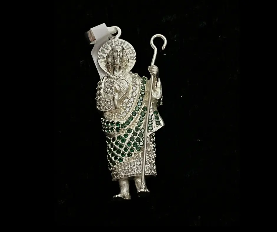 Dije circonia incrustda_ San Judas Tadeo verde & blanco_ 6 cm