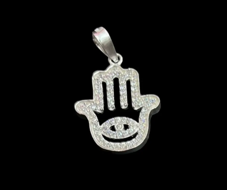 [DIJ-865] Dije circonia incrustada_ coqueto_ Mano de Fátima con ojo turco blanco_ 3.5 cm