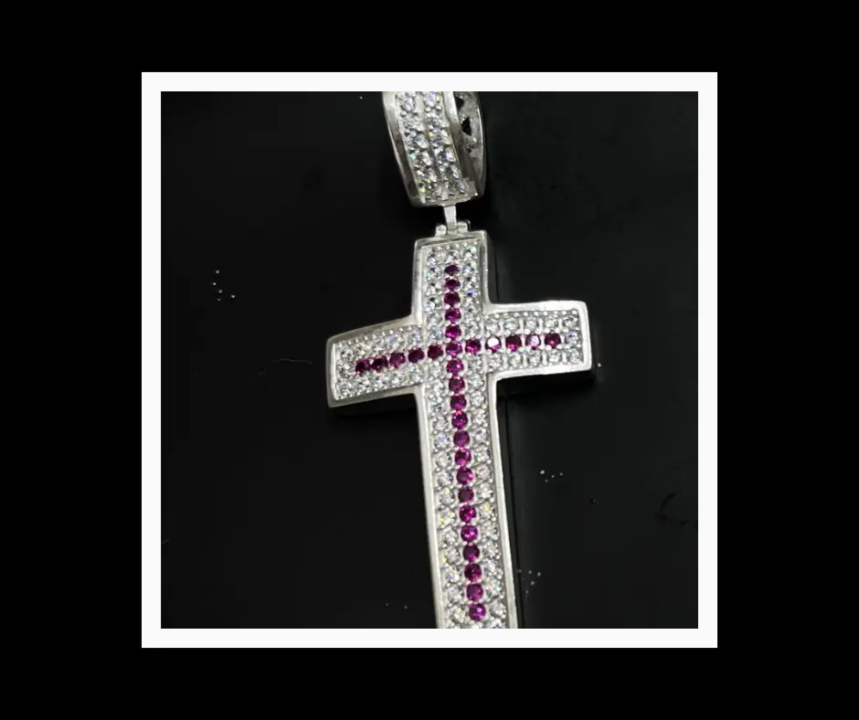[DIJ-838] Dije circonia incrustada_ Cruz blanca con cruz rosa_ 6 cm