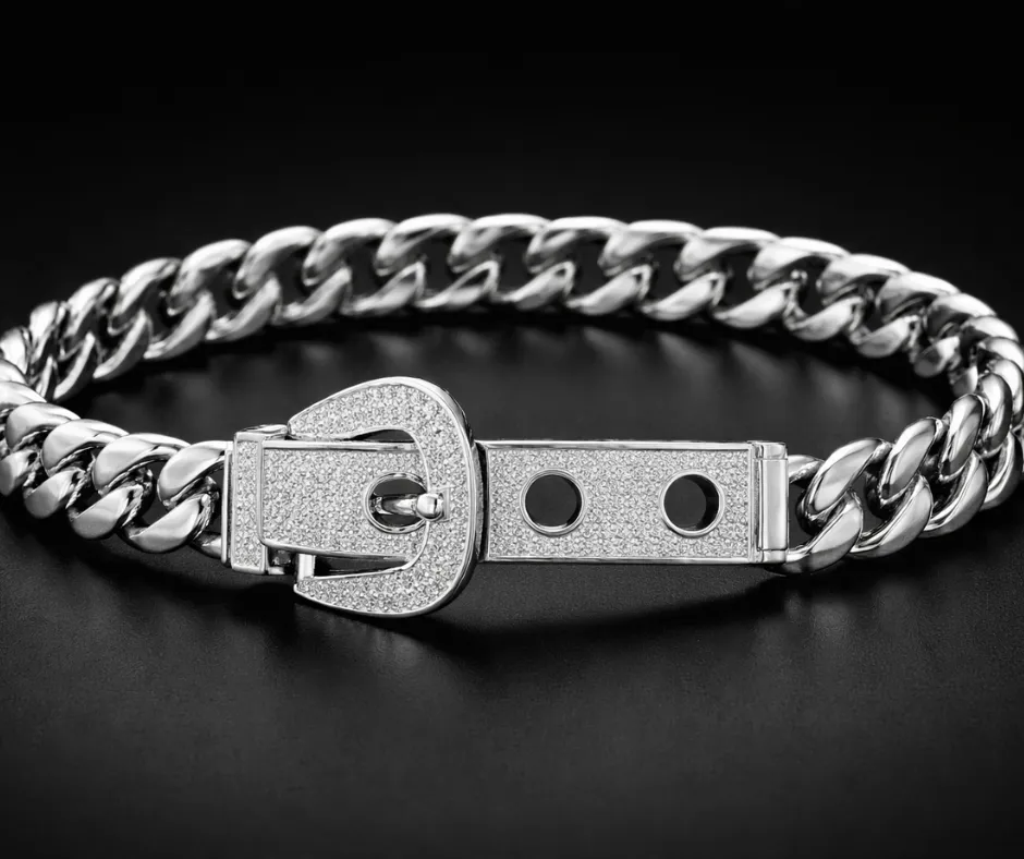 [MONA-CIN6] Esclava Monaco con circonia incrustada_ Cinturón ajustable (de 20 a 22 cm) tejido cubano_ 6 mm