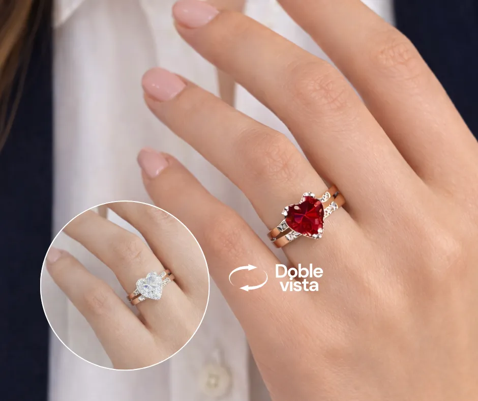 Anillo corazón circonia incrustada doble vista, 2 tonos en uno (Varias opciones) Anillo transformable
