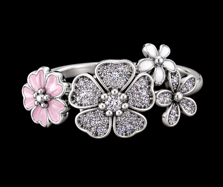 Anillo pandora_ circonia incrustada_modelo tres flores + 1 flor con color_talla #5  (ANI-62)