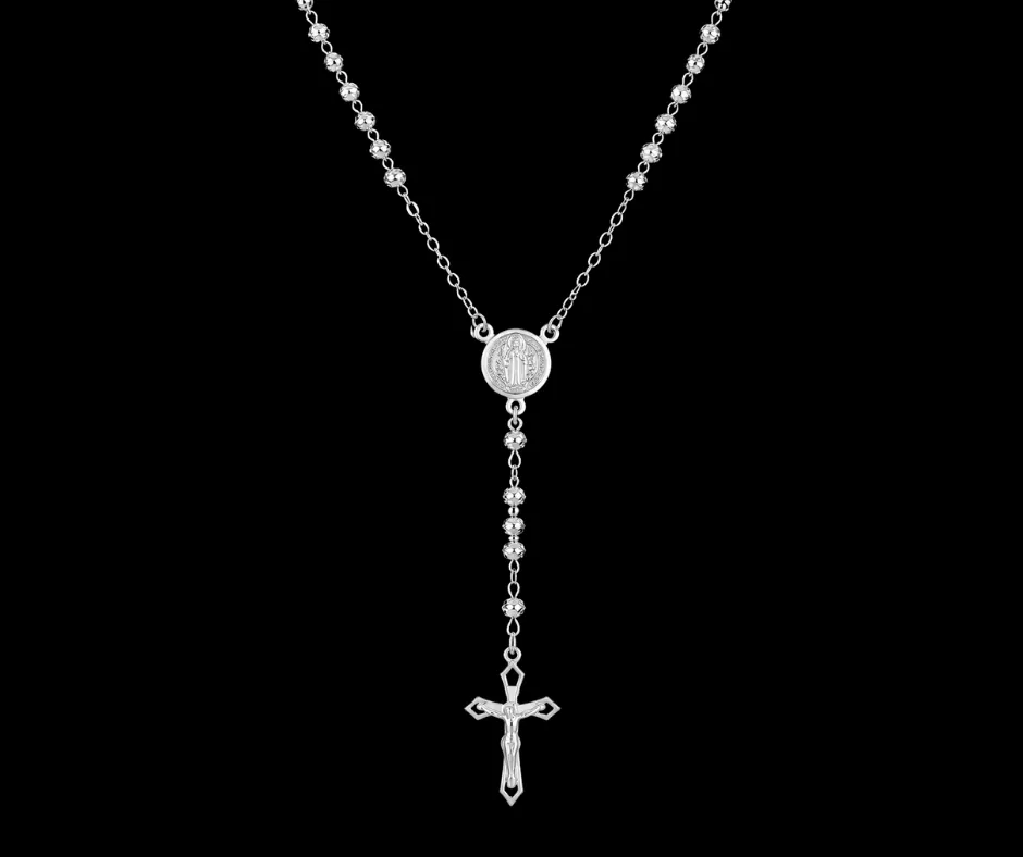 Rosario BOLA AZUCARADA (Medalla San Benito, Dije colgante de Cruz con Cristo) (G) (ROS-BCG)