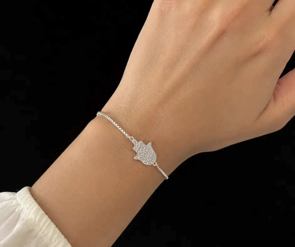 Pulsera Mano de Fátima con microcirconia blanca incrustada, cadena cúbica (PUL-MF)