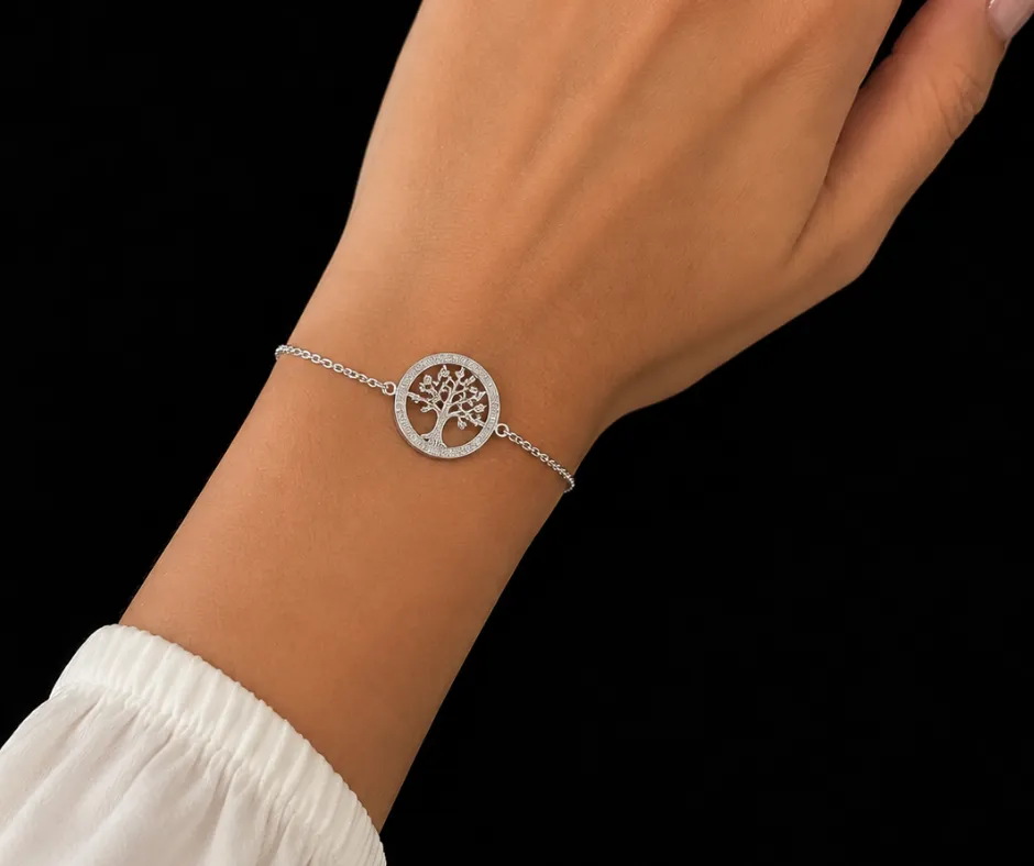 Pulsera  Árbol de la Vida con circonia blanca incrustada, cadena ancla (PUL-AV)