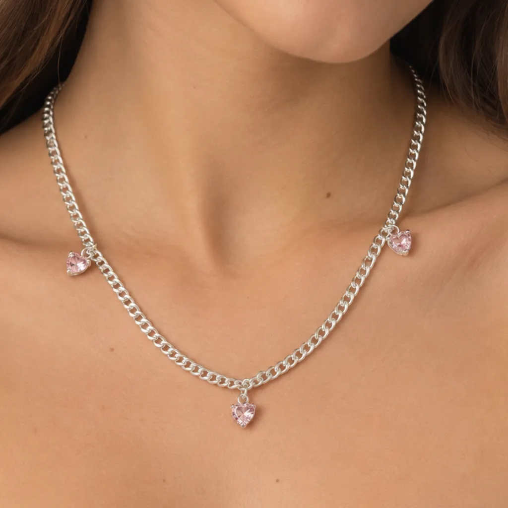 Cadena de moda unisex_Tejido cubano con corazones colgantes rosas (cub-corosa)