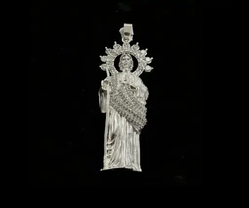 Dije circonia incrustada_San Judas Tadeo manto blanco_ G, 8.5 cm