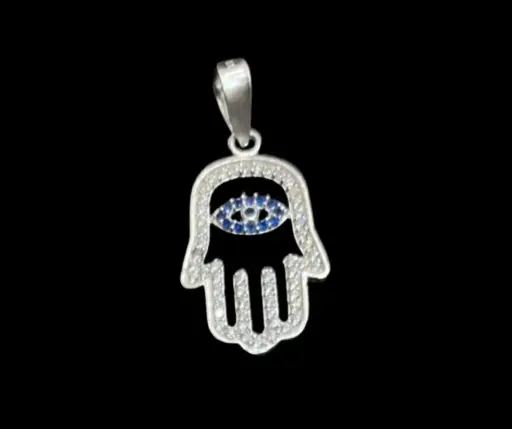 Dije circonia incrustada_ coqueto_ Mano de Fátima con ojo turco azul_ 3 cm