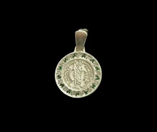 Medalla con circonias incrustadas_ San Judas Tadeo_ circunferencia verde_mini